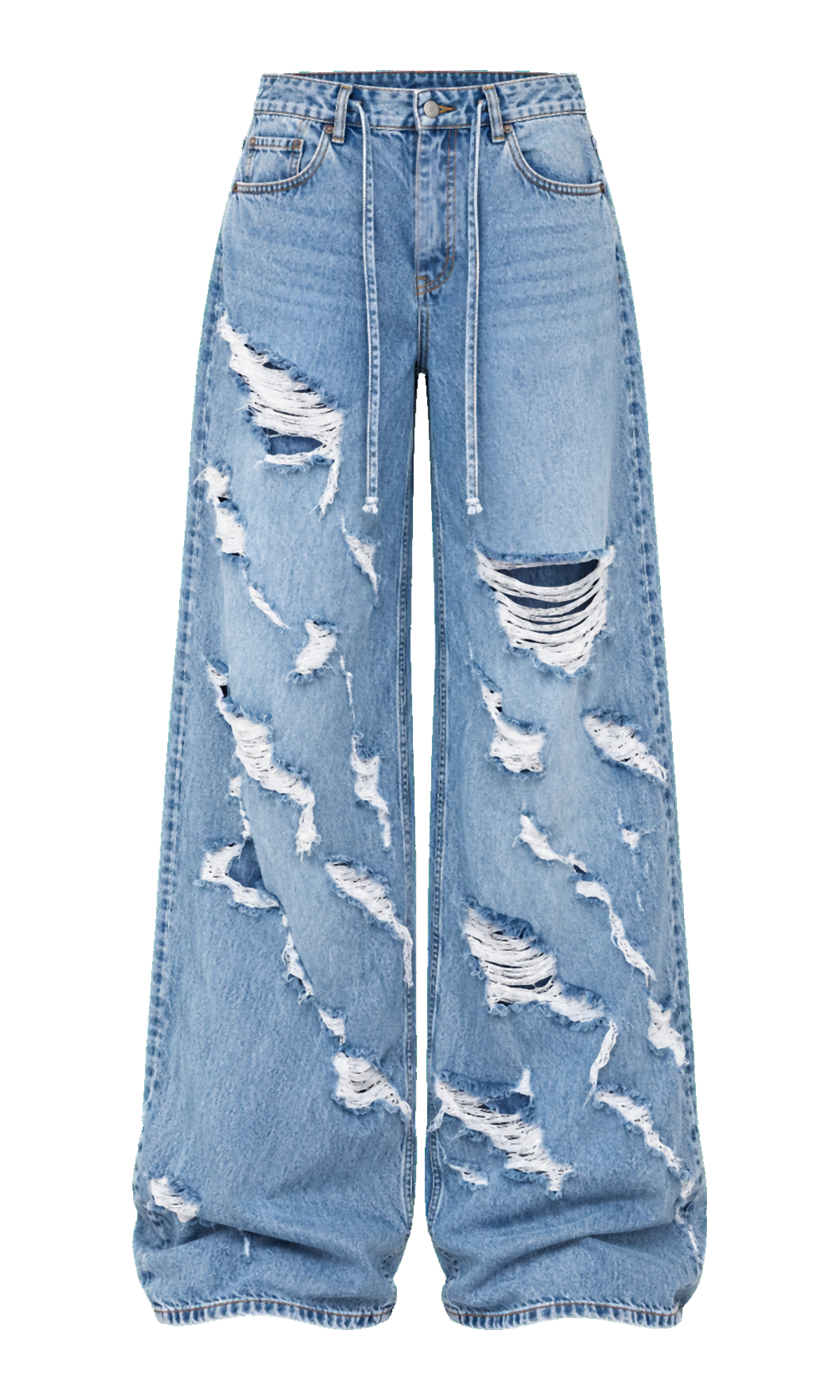 Ripped Wide-Leg Cotton Jeans with Waist Ties