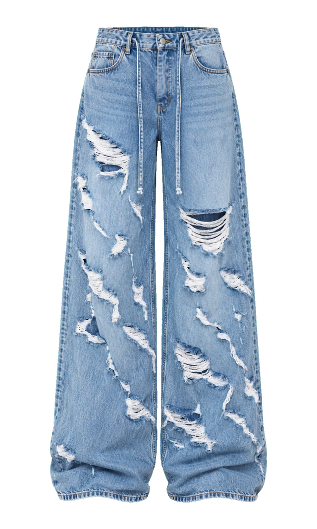 Ripped Wide-Leg Cotton Jeans with Waist Ties, Light Wash