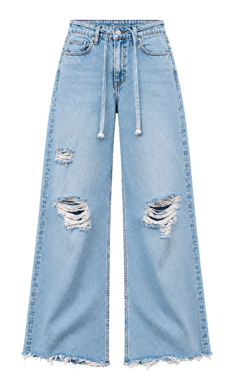Weite Jeans mit Rissen und Bindegürtel aus Denim