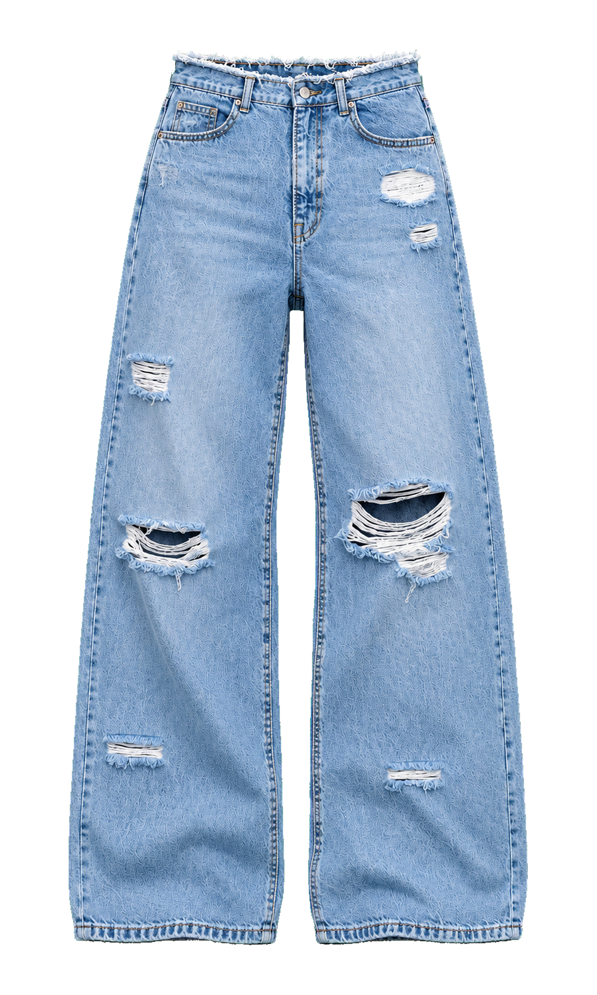 Raw-Waist Distressed Wide-Leg Jeans