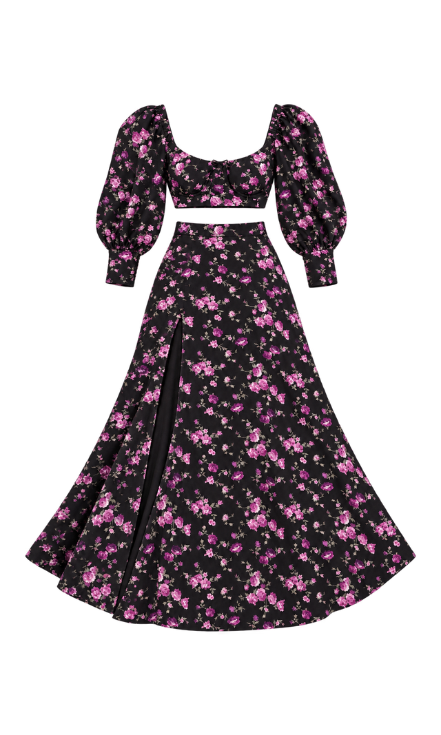 Floral Puff-Sleeve Top and Maxi Skirt Set, Black Floral