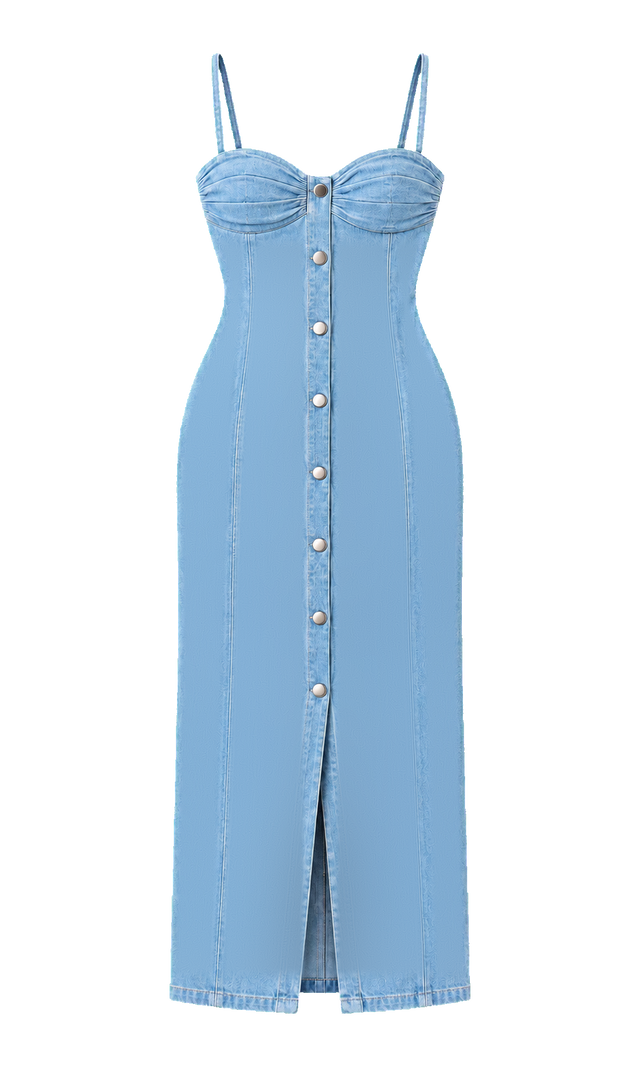 Denim Bustier Maxi Dress, Light Blue