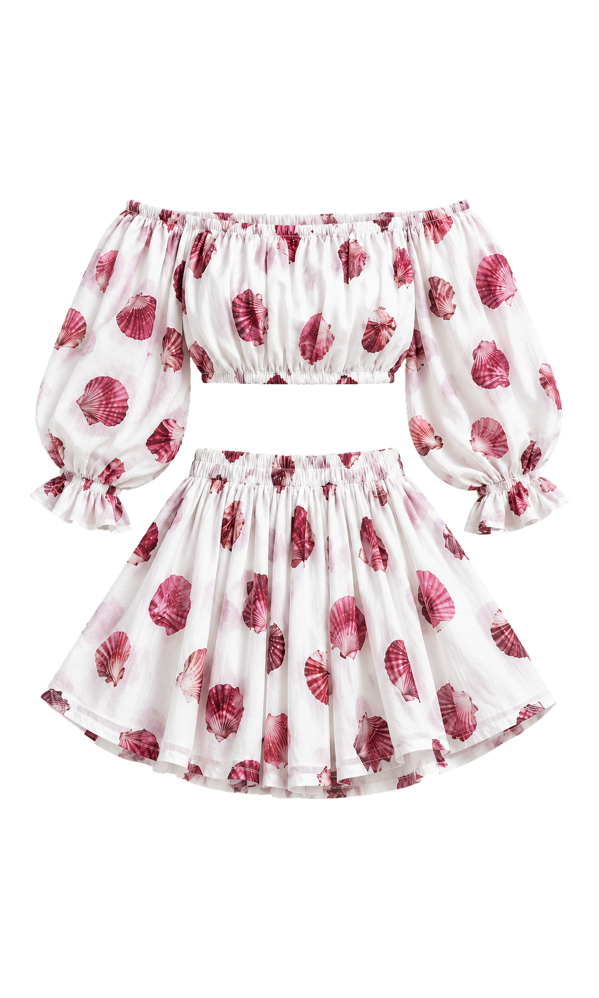 Shell-Print Off-Shoulder Top and Skirt Set