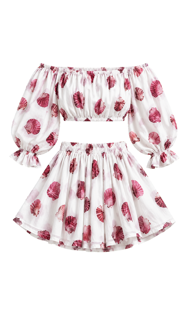 Shell-Print Off-Shoulder Top and Skirt Set, White Print