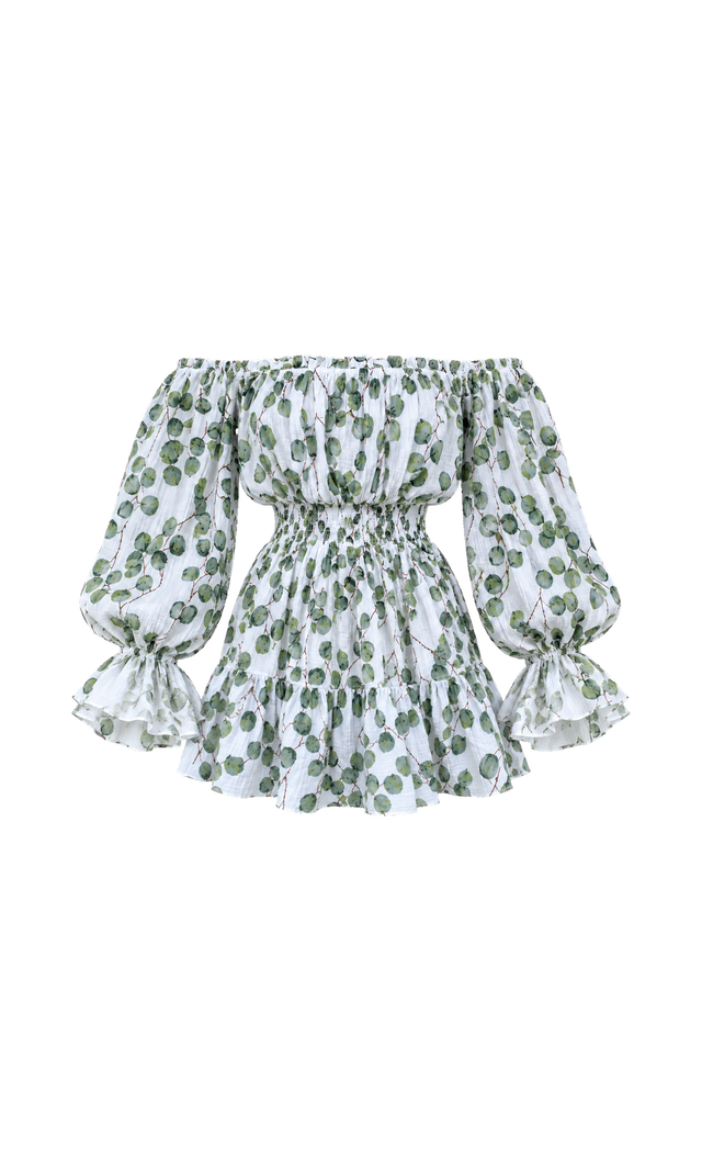 Leaf-Print Off-Shoulder Muslin Dress, White Print