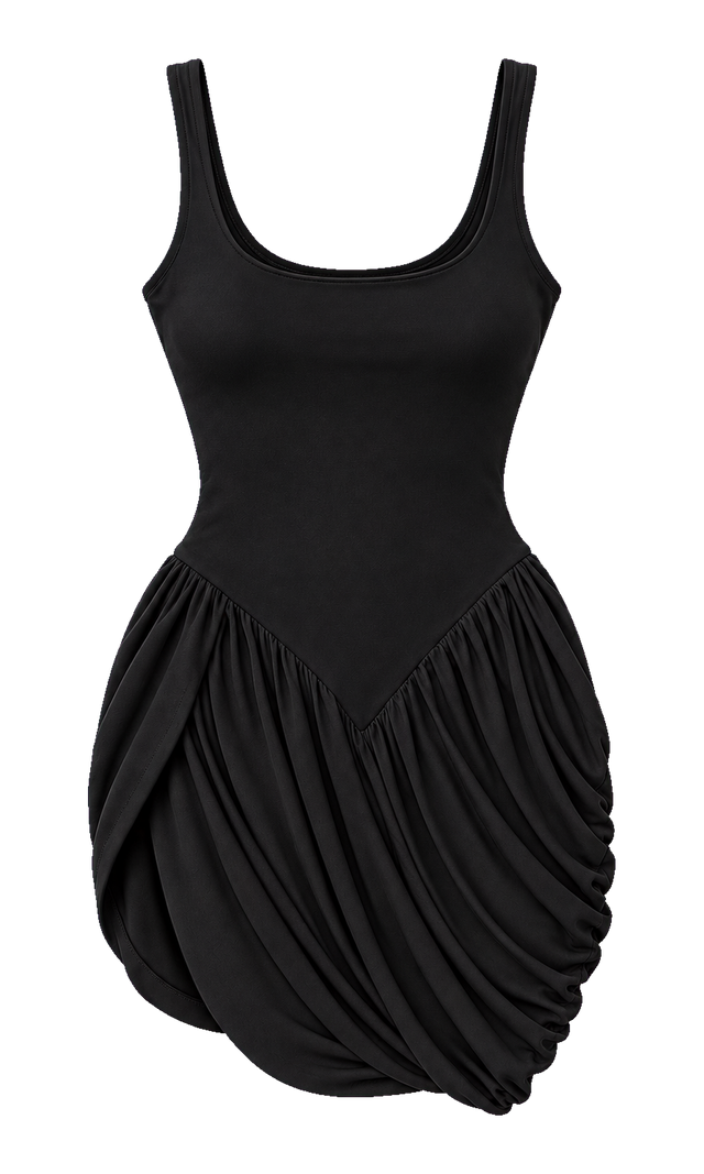 Scoop-Neck Draped Drop-Waist Mini Dress, Black