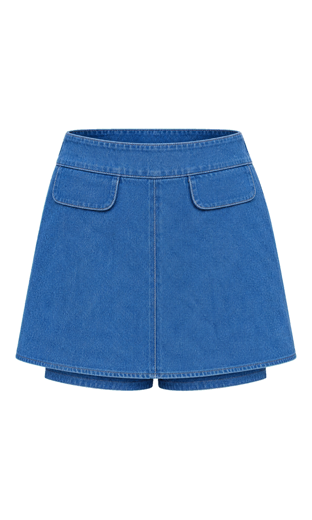 Flap-Detail Denim Mini Skort, Mid Wash