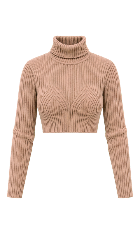 Kurzer Rollkragenpullover mit Chevron-Rippen