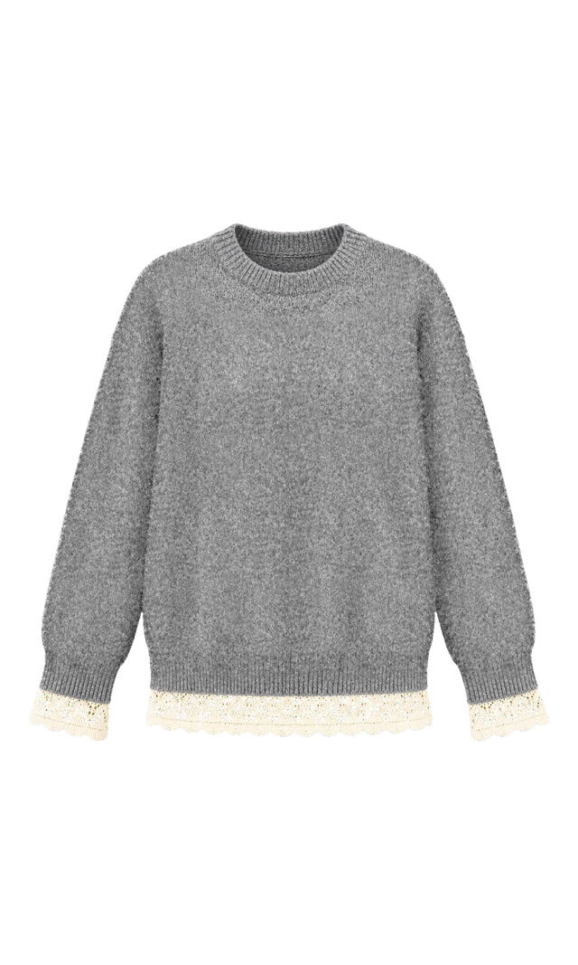 Crew-Neck Sweater with Contrast Openwork Trim, Grey