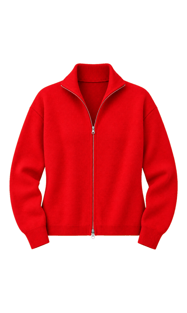Zip-Front Knit Cardigan with Stand Collar, Red