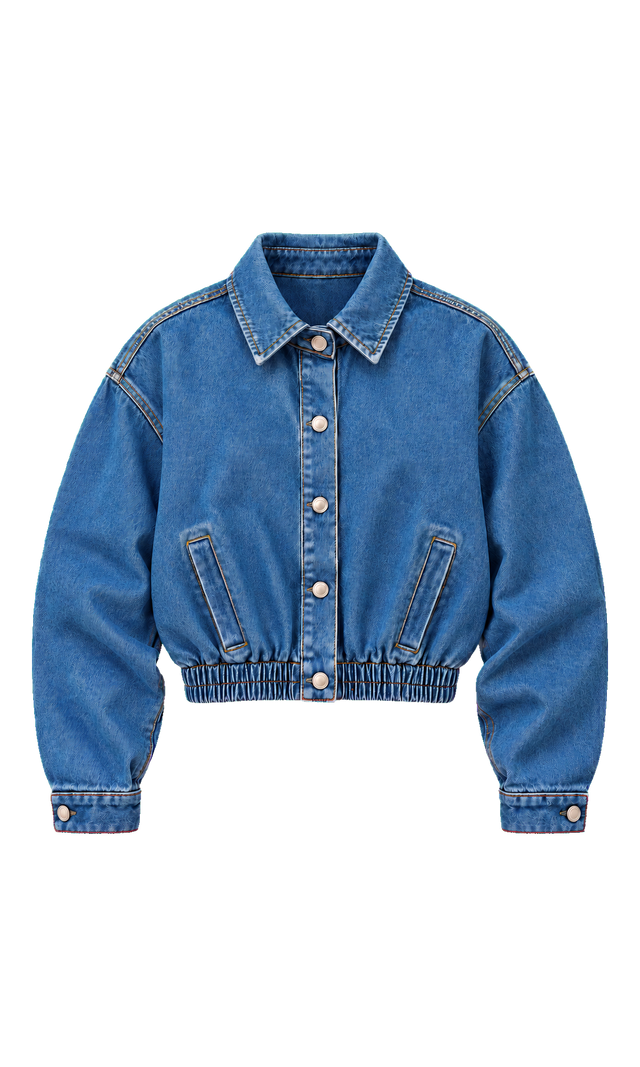Cropped Denim Jacket with Gathered Hem, Mid Wash