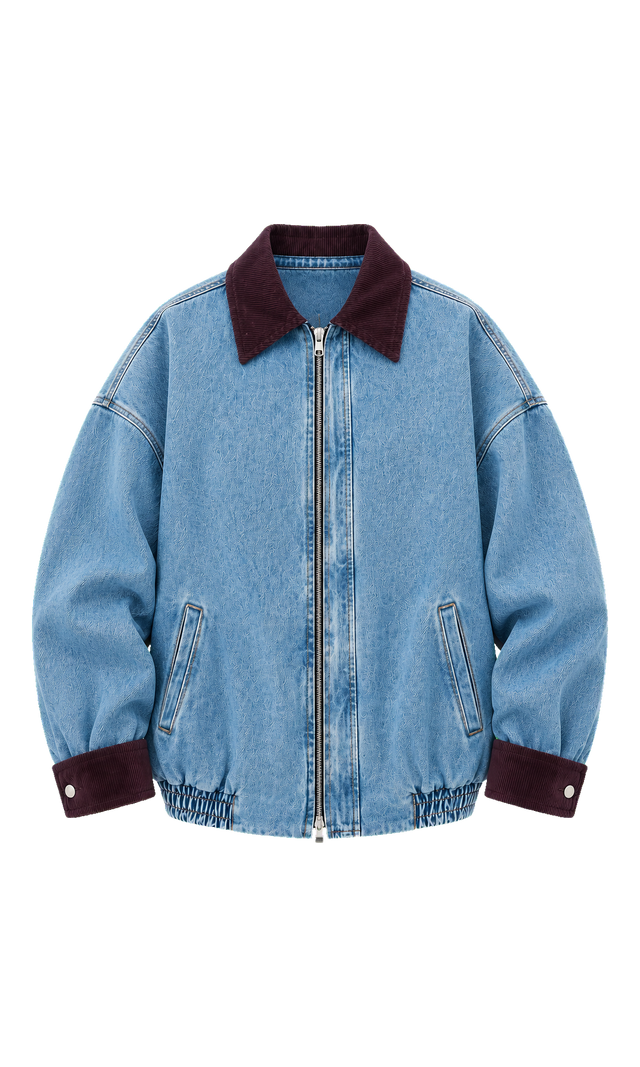 Oversized Denim Jacket with Contrast Collar, Light Wash