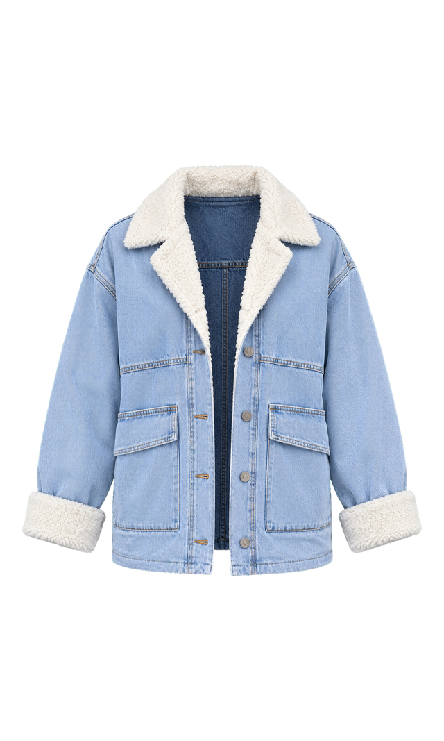 Denim Jacket with Teddy Collar and Cuffs, Light Wash