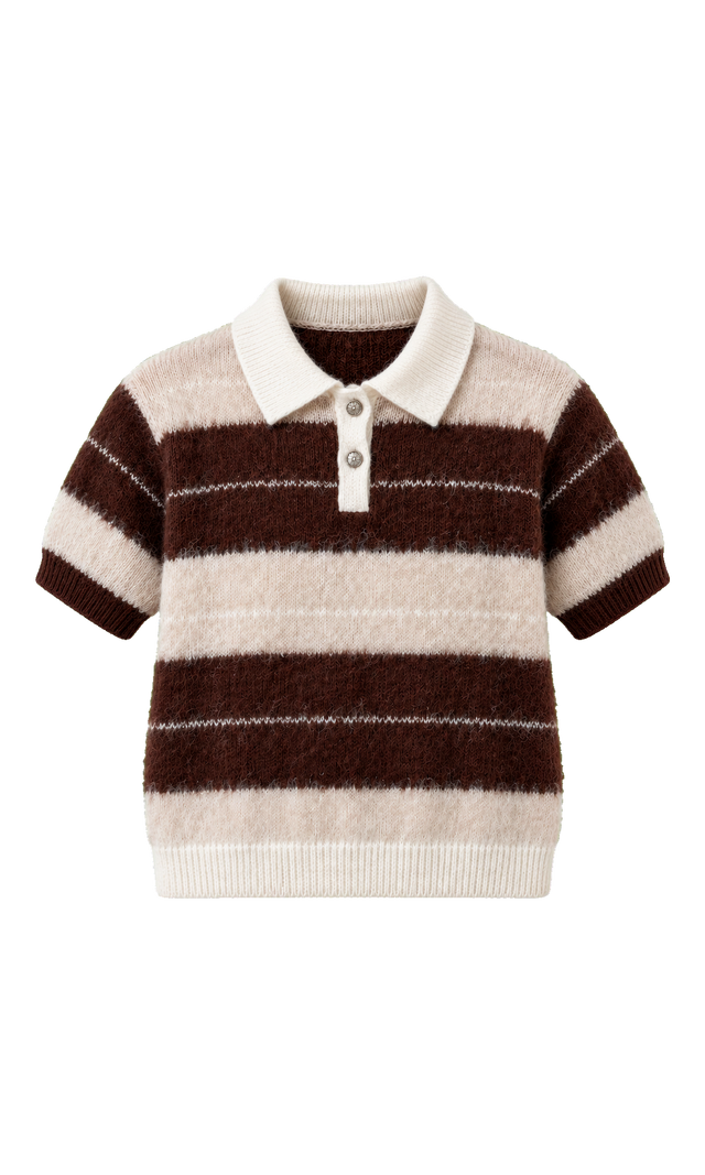Striped Knit Polo with Contrast Collar, Brown Stripe