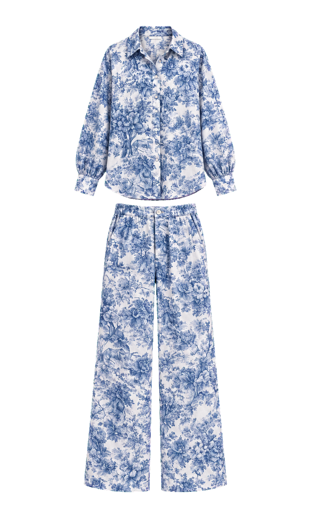 Toile-Print Shirt and Wide-Leg Trousers Set