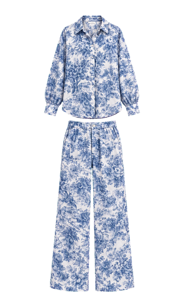 Toile-Print Shirt and Wide-Leg Trousers Set, Blue Floral