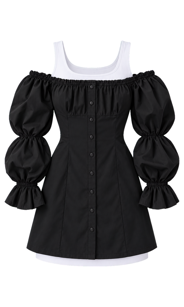 Off-Shoulder Puff-Sleeve Mini Dress with Tank Lining, Black