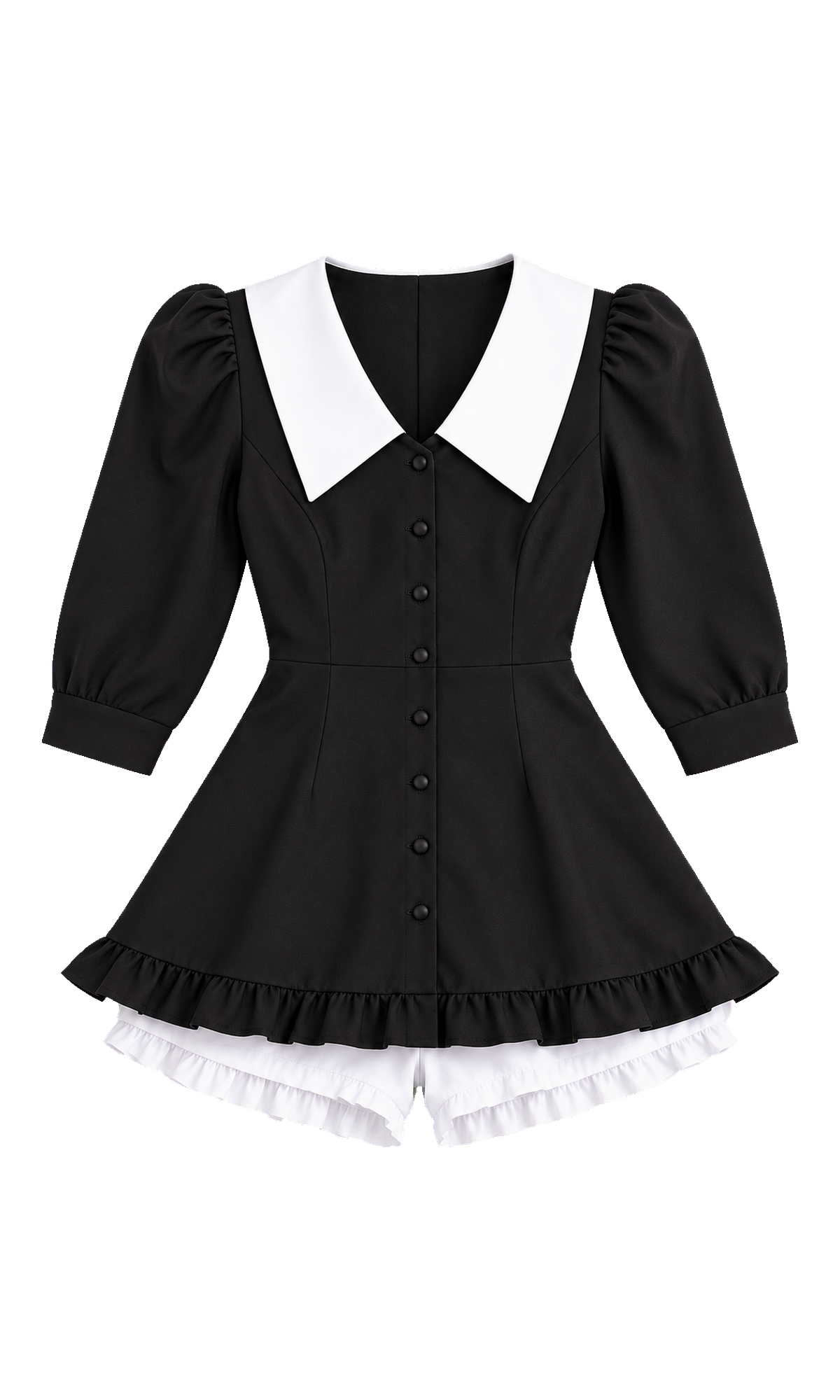 Contrast-Collar Puff-Sleeve Romper Dress