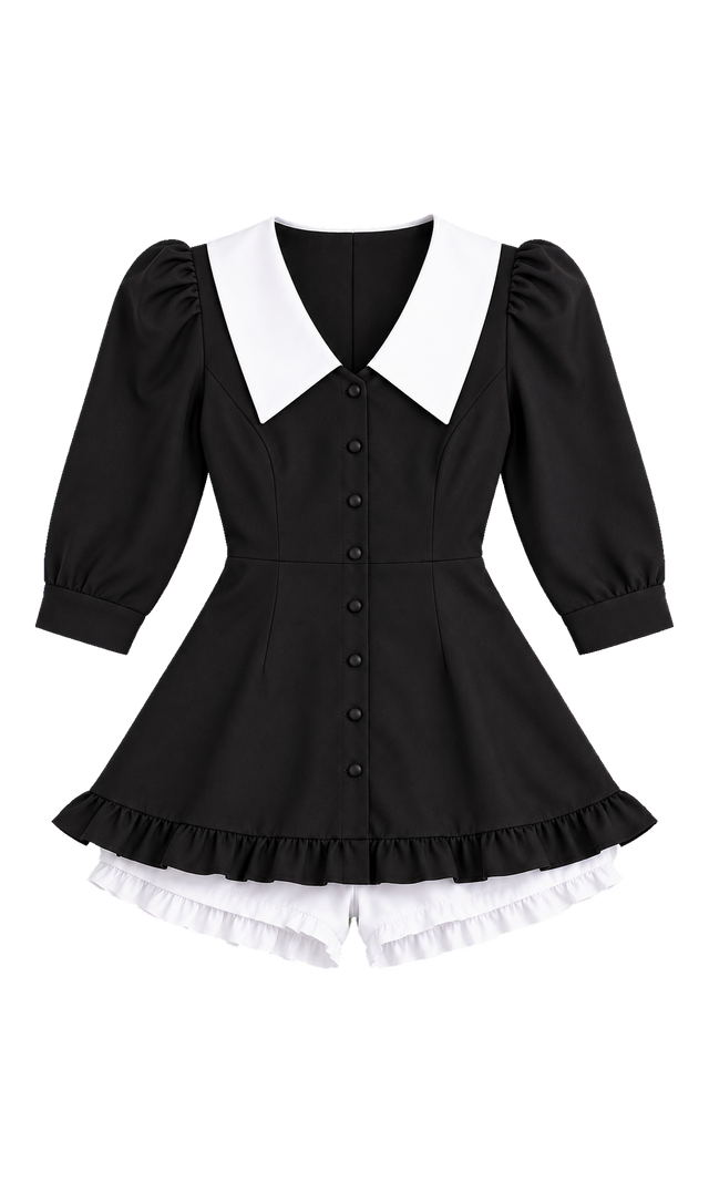 Contrast-Collar Puff-Sleeve Romper Dress, Black