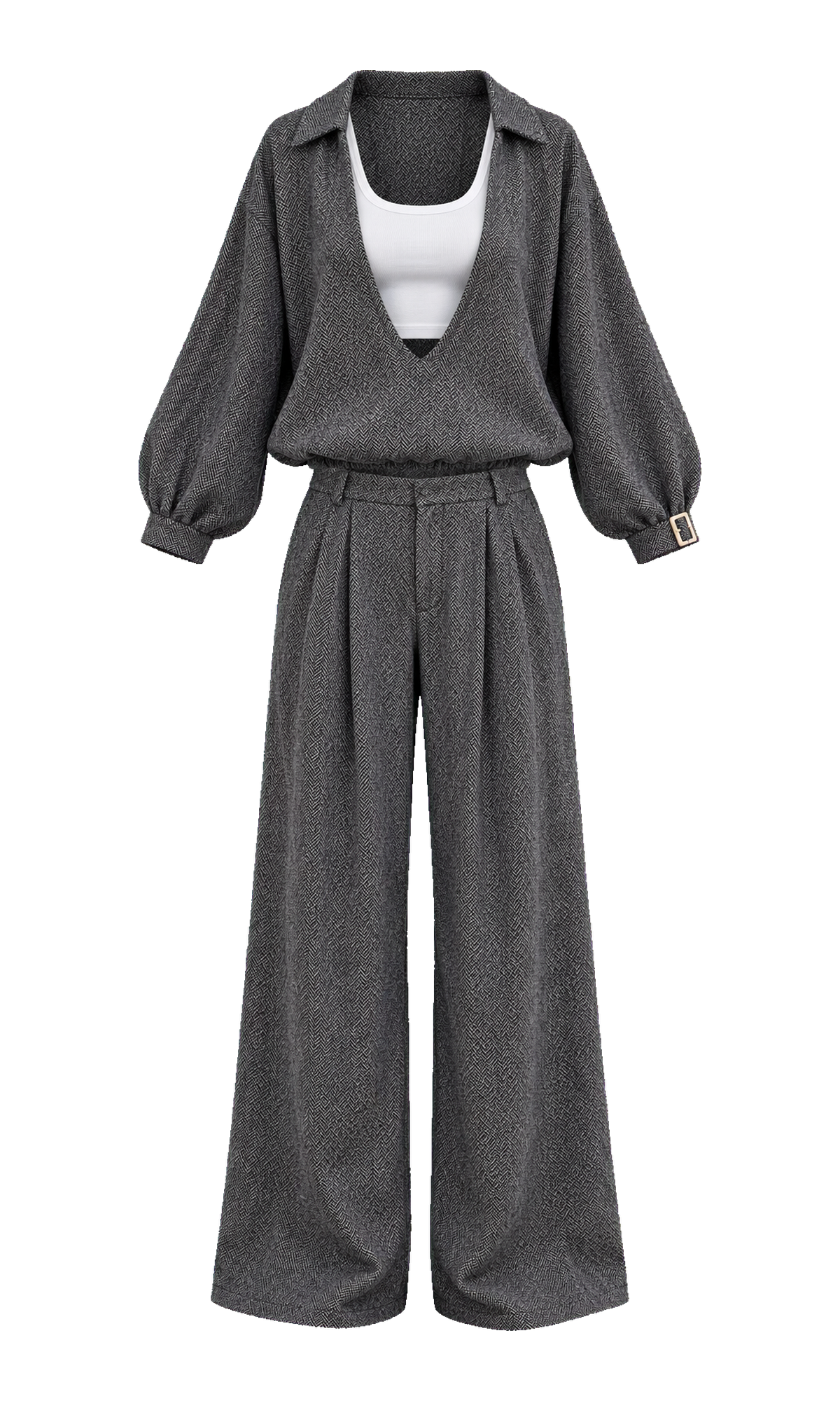 Textured Pullover, Crop Top and Wide-Leg Trousers Set