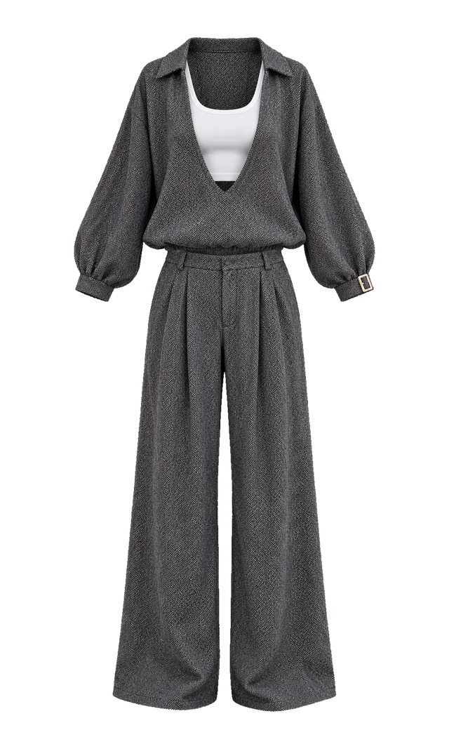 Textured Pullover, Crop Top and Wide-Leg Trousers Set, Grey