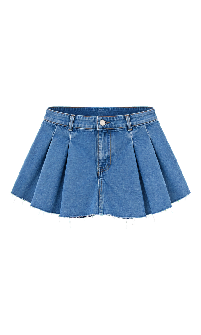 Pleated Raw-Hem Denim Mini Skort, Mid Wash