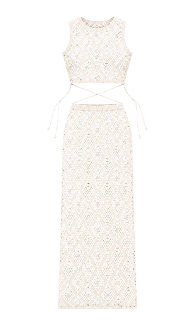 Open-Knit Crop Top and Maxi Skirt Set, Ivory