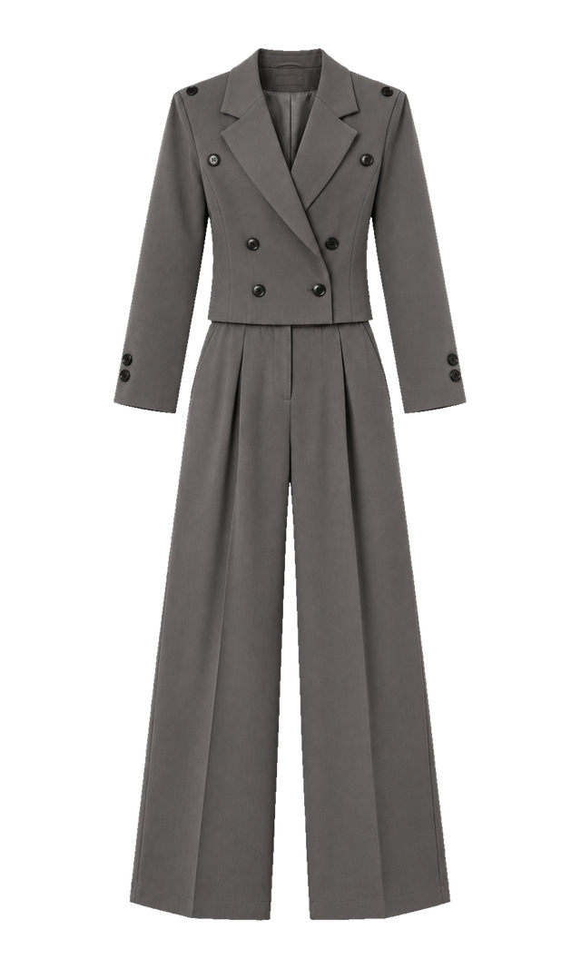 Cropped Double-Breasted Blazer and Wide-Leg Trouser Set, Grey