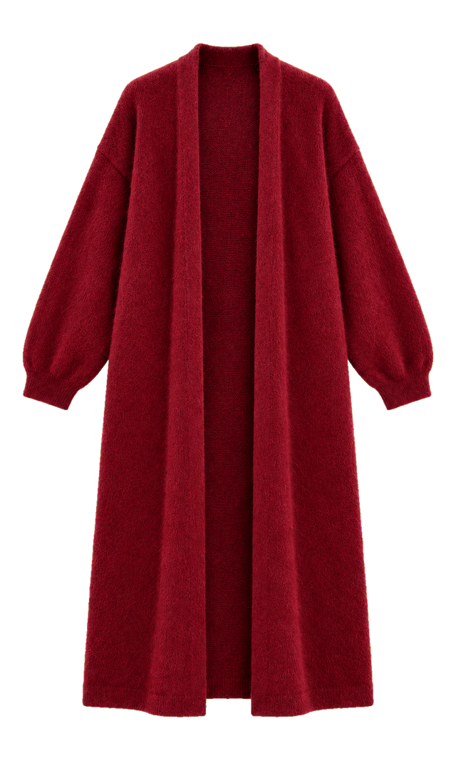 Longline Open-Front Knit Cardigan, Burgundy
