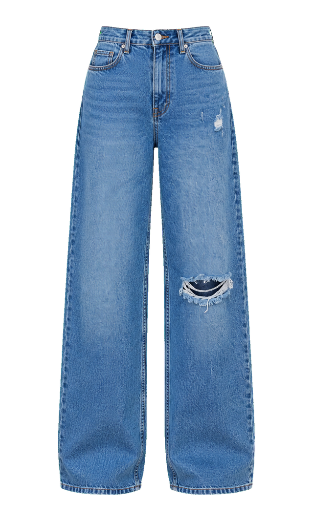 Distressed Wide-Leg Jeans, Blue