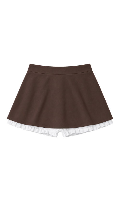 A-Line Mini Skirt and Ruffled Shorts Set in Chocolate, front view