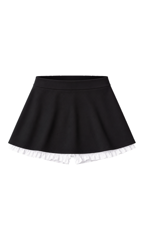 A-Line Mini Skirt and Ruffled Shorts Set in Black, front view