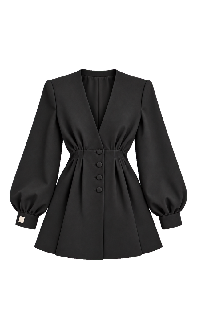 Collarless V-Neck Blazer with Pleated Waist, Black