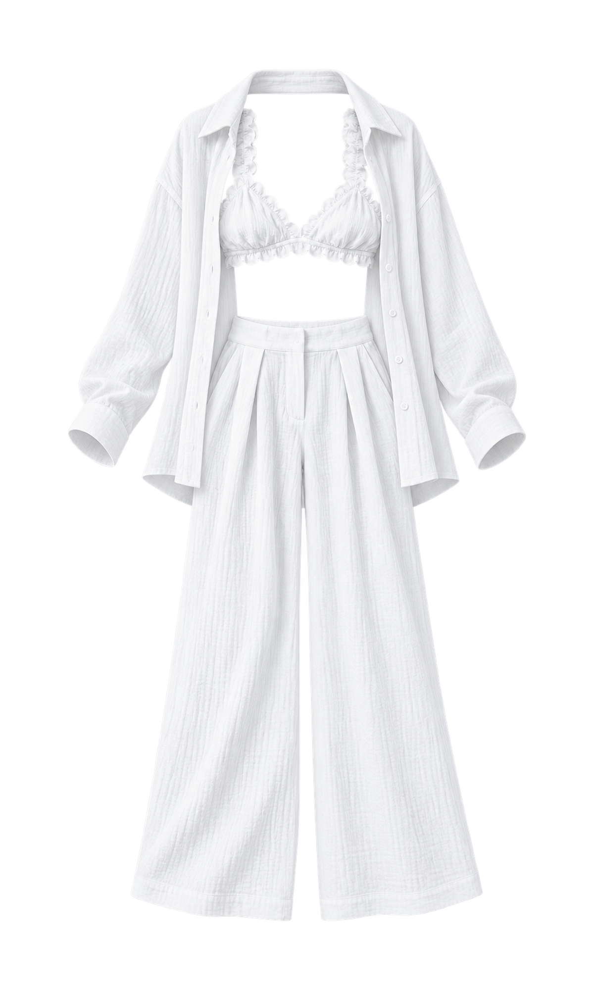 Muslin Shirt, Ruffle-Trim Top and Trousers Set