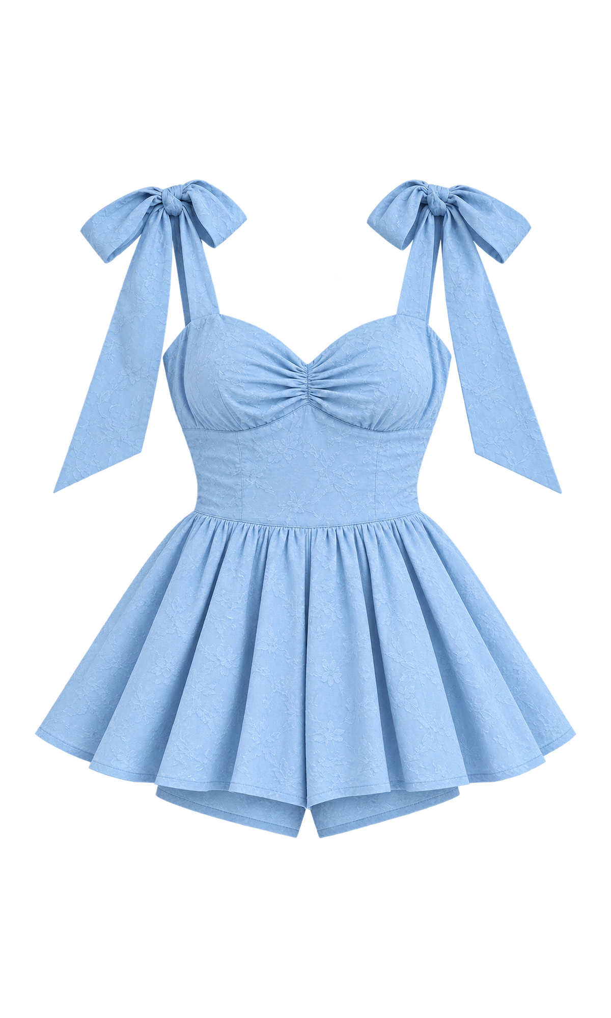 Embroidered Tie-Strap Romper with Flared Skirt