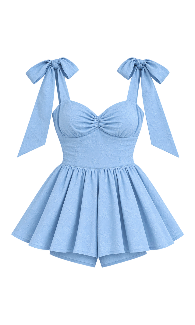 Embroidered Tie-Strap Romper with Flared Skirt, Light Blue