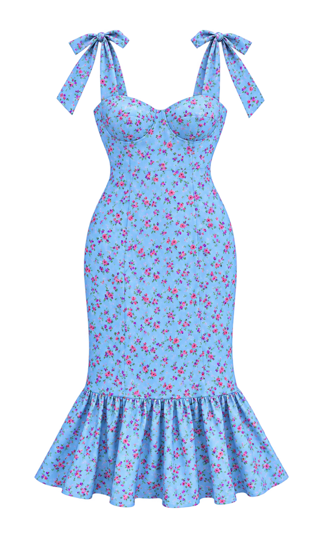 Floral Tie-Strap Flounce-Hem Midi Dress, Light Blue Floral