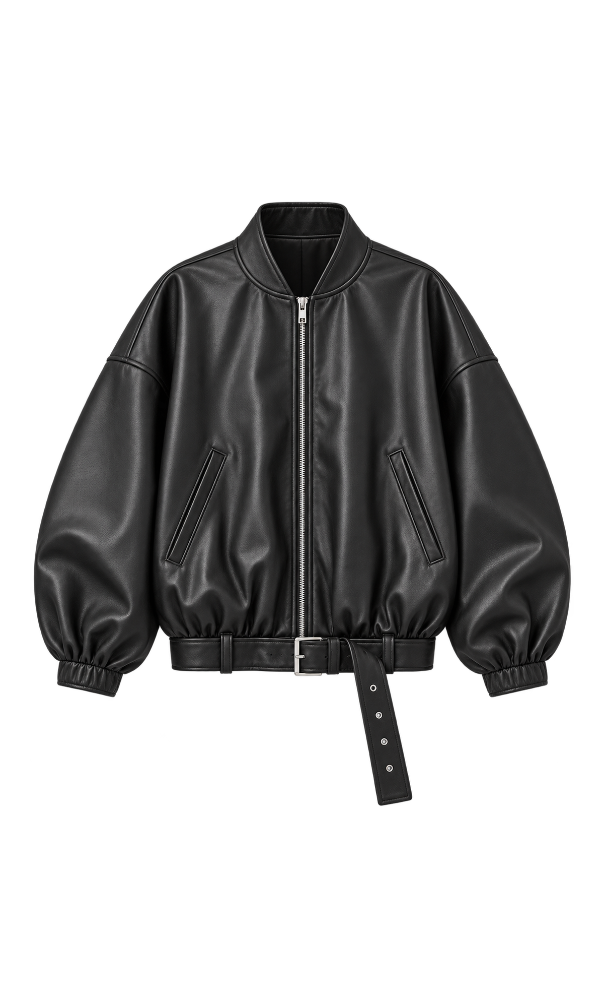 Oversized Leather-Look Bomber Jacket with Belted Hem