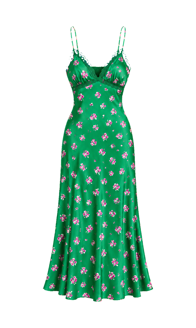 Floral Lace-Trim Slip Dress, Green Floral