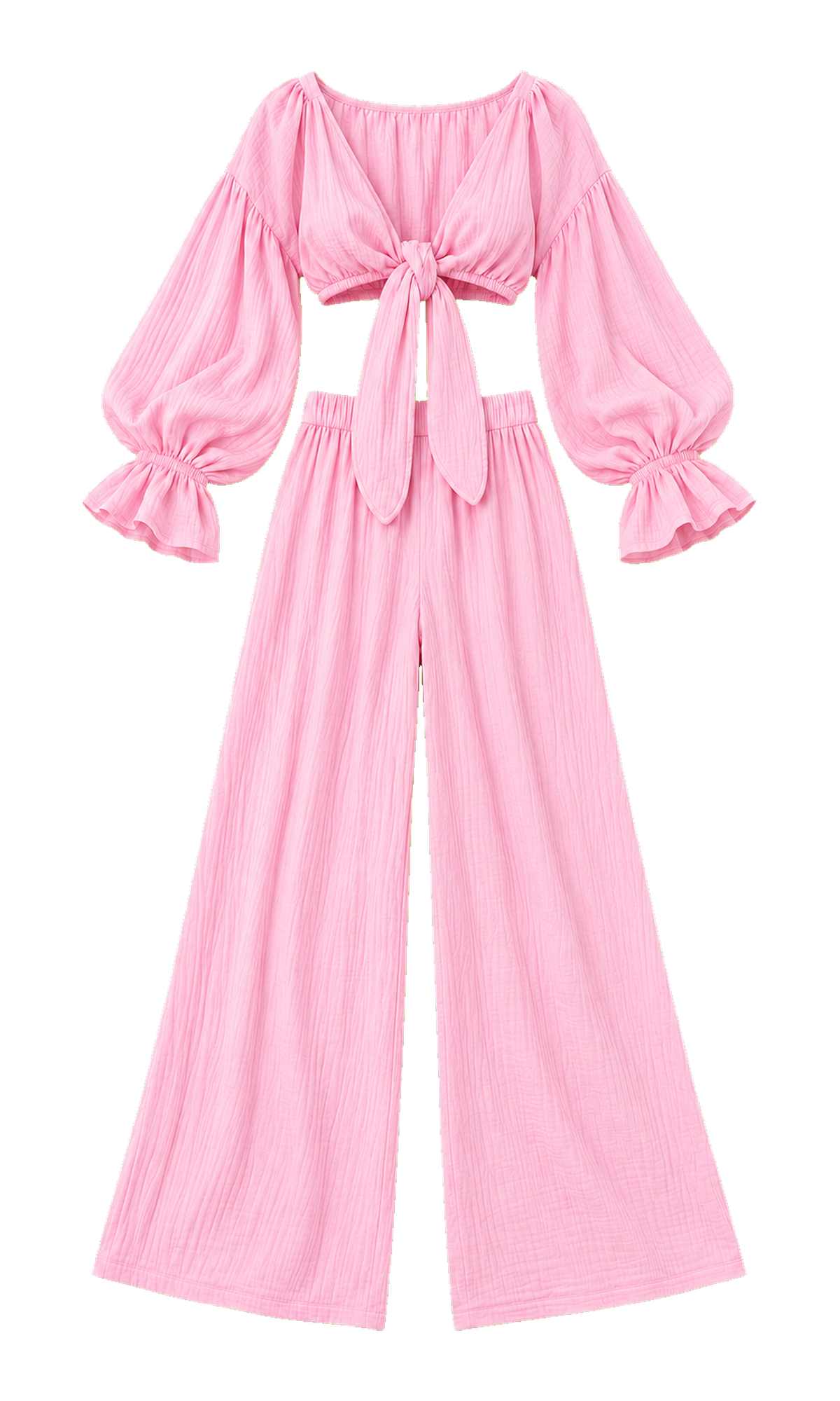 Tie-Front Muslin Top and Wide-Leg Trousers Set
