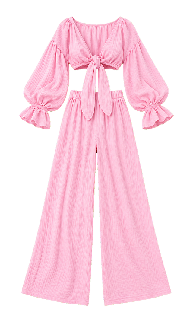 Tie-Front Muslin Top and Wide-Leg Trousers Set, Pink