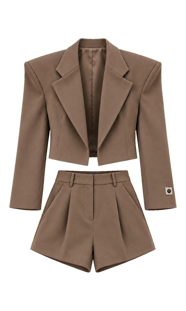 Cropped Broad-Shoulder Blazer and Pleated Shorts Set, Taupe