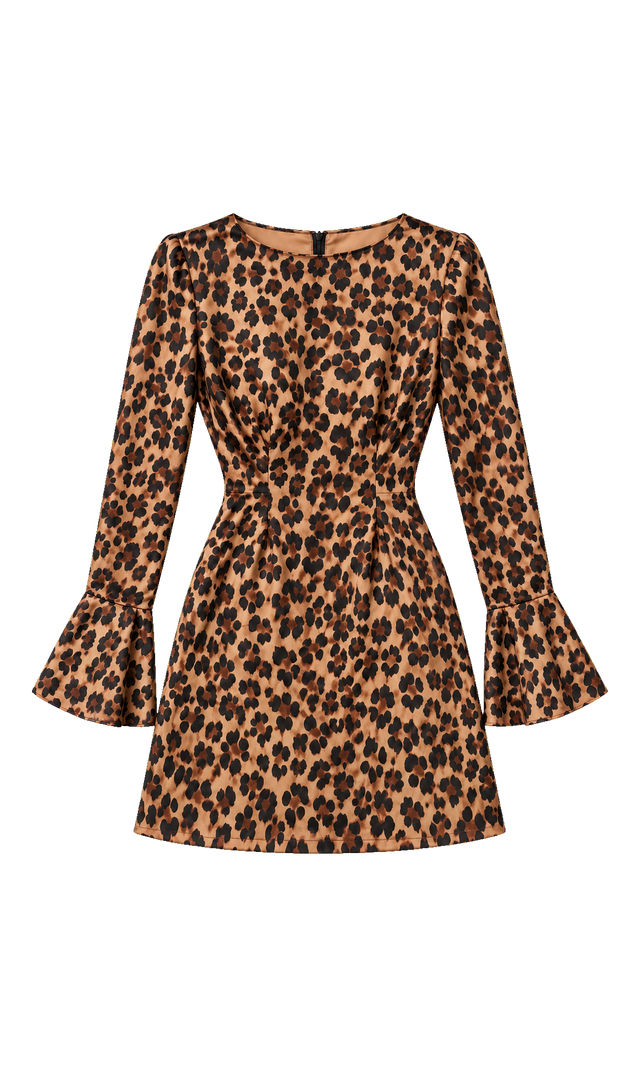 Leopard-Print Bell-Sleeve Mini Dress, Camel Animal