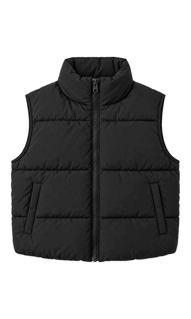 High-Neck Quilted Puffer Vest, Black