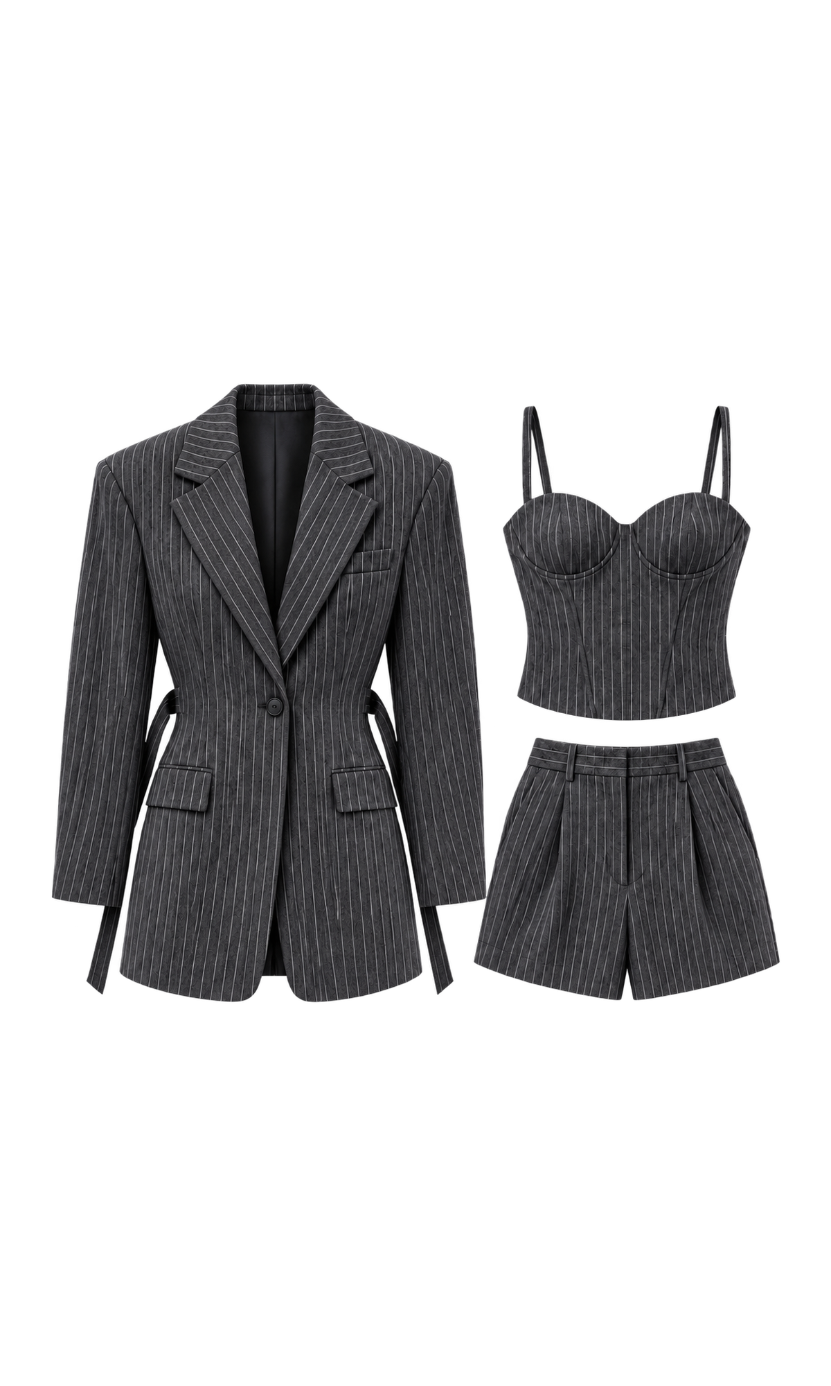 Pinstripe Blazer, Corset Top and Shorts Set