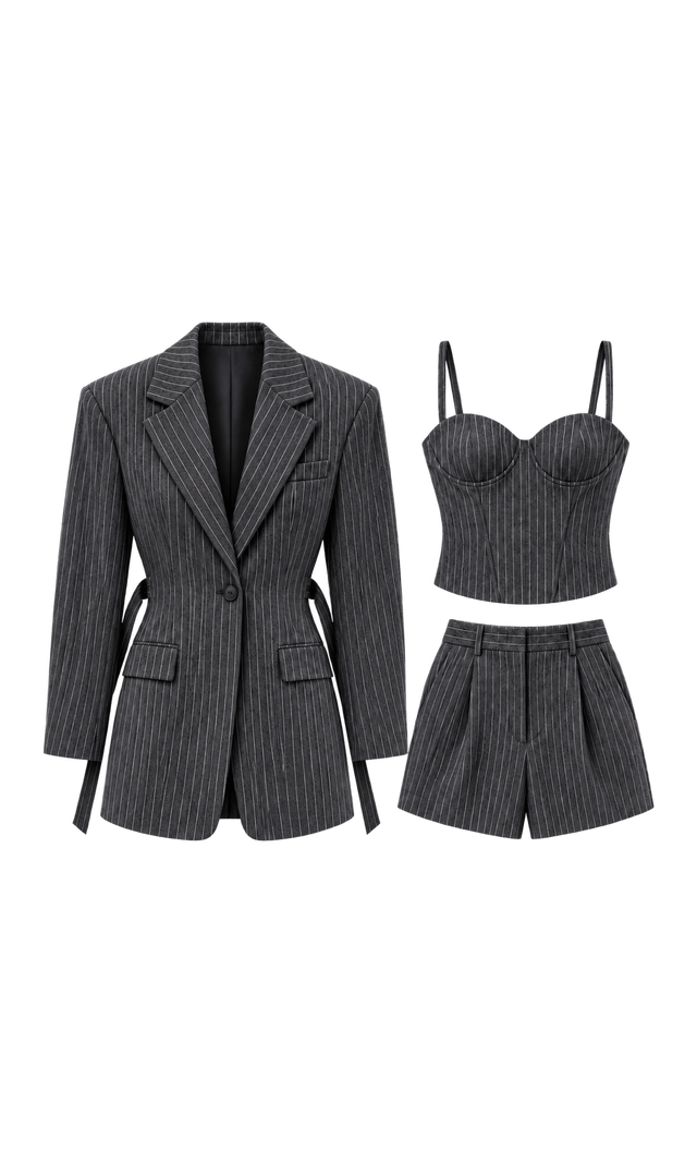Pinstripe Blazer, Corset Top and Shorts Set, Charcoal Stripe