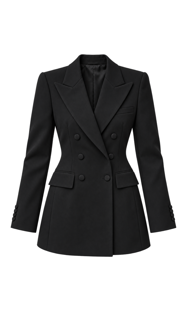 Double-Breasted Shaped-Waist Blazer, Black