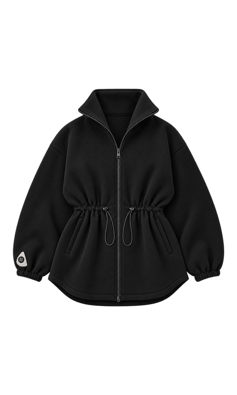 Funnel-Neck Zip Cardigan with Drawstring Waist