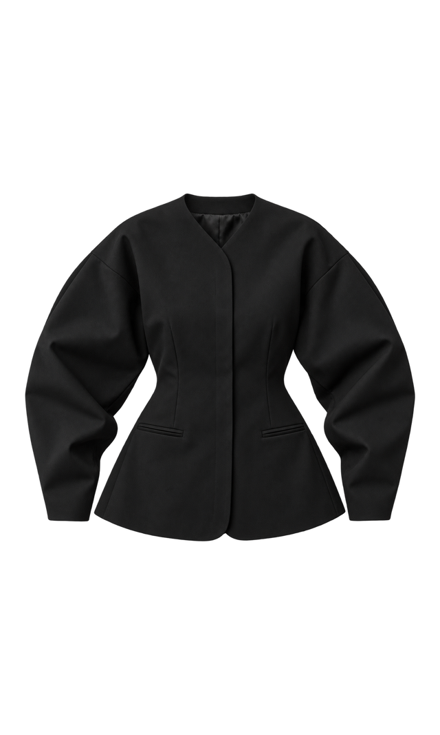 Collarless Sculpted-Sleeve Blazer, Black