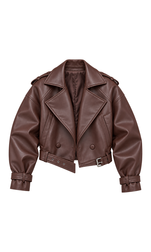 Belted-Hem Biker Jacket, Brown